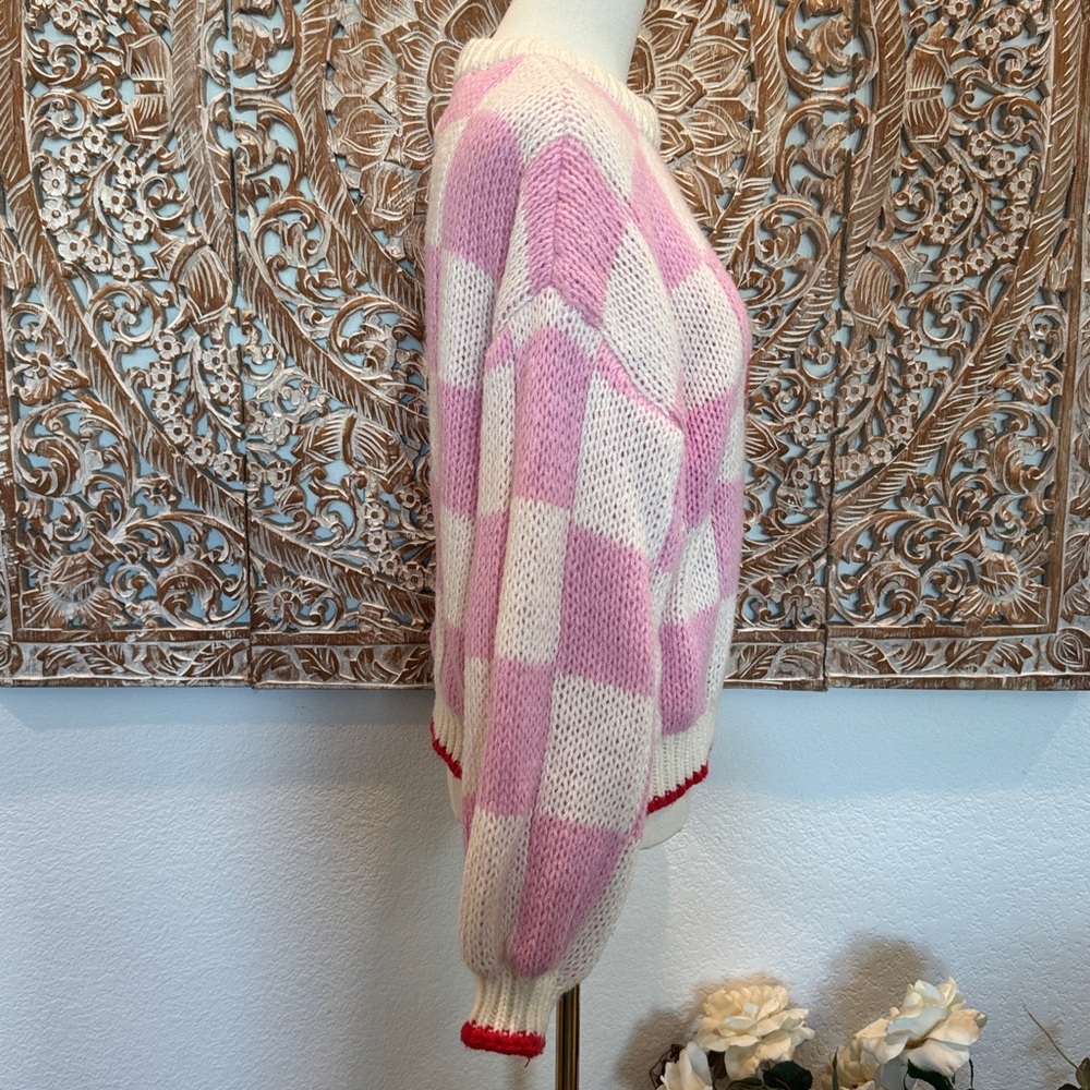 Luna Ivy Pink & White Crochet Checkered & Heart Sweater, Puff Sleeves, Cozy Soft - Picture 9 of 15